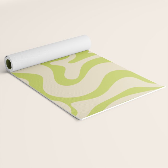 Retro Liquid Swirl Abstract Pattern Light Lime Linden Green and Beige Yoga Mat Gallery Image 2