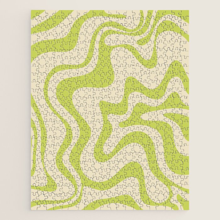 Retro Liquid Swirl Abstract Pattern Light Lime Linden Green and Beige Jigsaw Puzzle Gallery Image 1