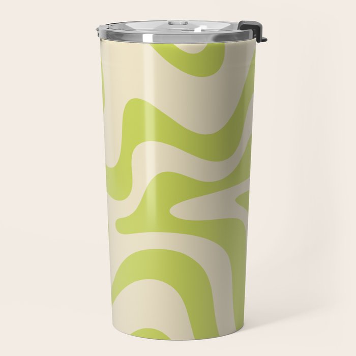 Retro Liquid Swirl Abstract Pattern Light Lime Linden Green and Beige Travel Mug Gallery Image 2