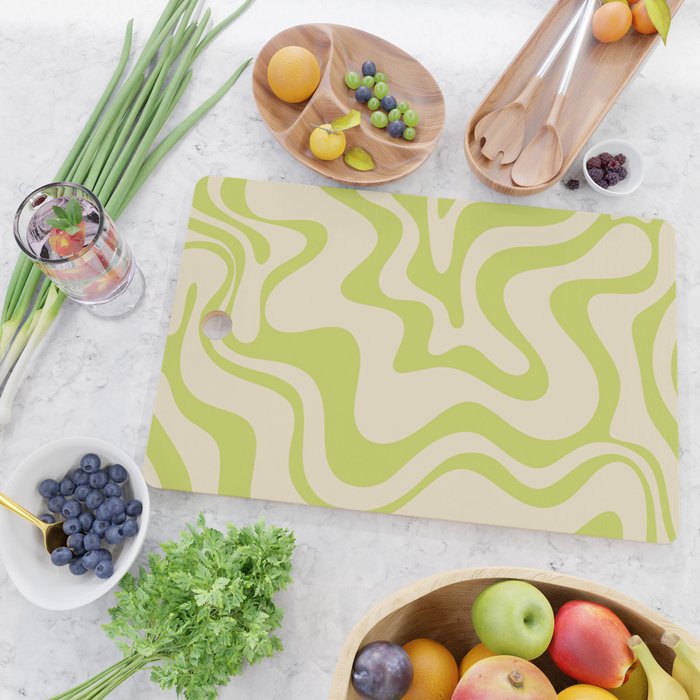 Retro Liquid Swirl Abstract Pattern Light Lime Linden Green and Beige Cutting Board Gallery Image 2