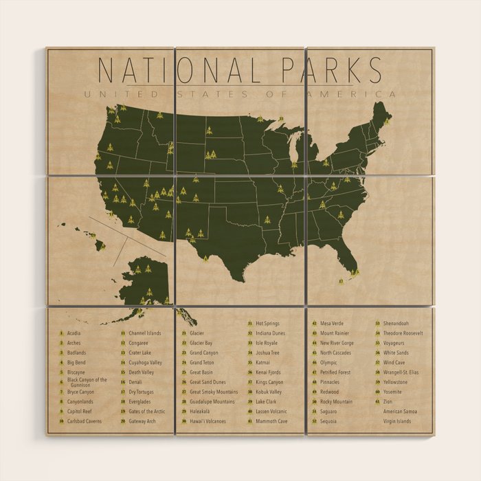 US National Parks w/ State Borders Wood Wall Art Gallery Image 1