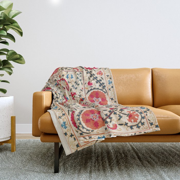 Kermina Suzani Uzbekistan Embroidery Print Throw Blanket Gallery Image 1