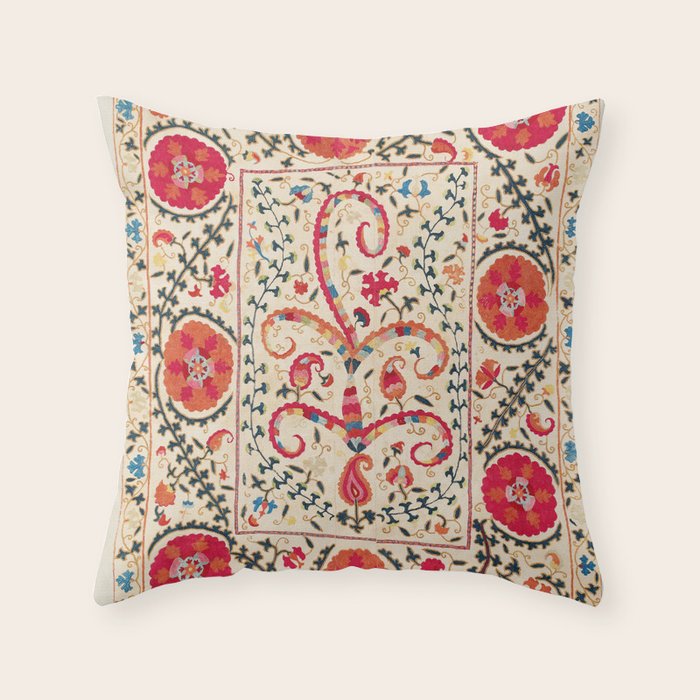 Kermina Suzani Uzbekistan Embroidery Print Throw Pillow Gallery Image 1