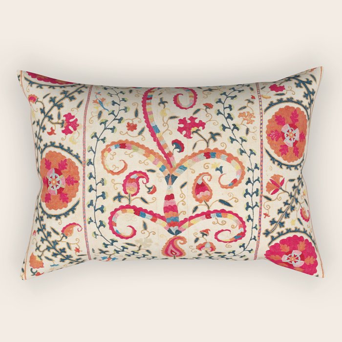 Kermina Suzani Uzbekistan Embroidery Print Rectangular Pillow Gallery Image 1