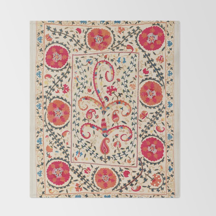 Kermina Suzani Uzbekistan Embroidery Print Throw Blanket Gallery Image 2
