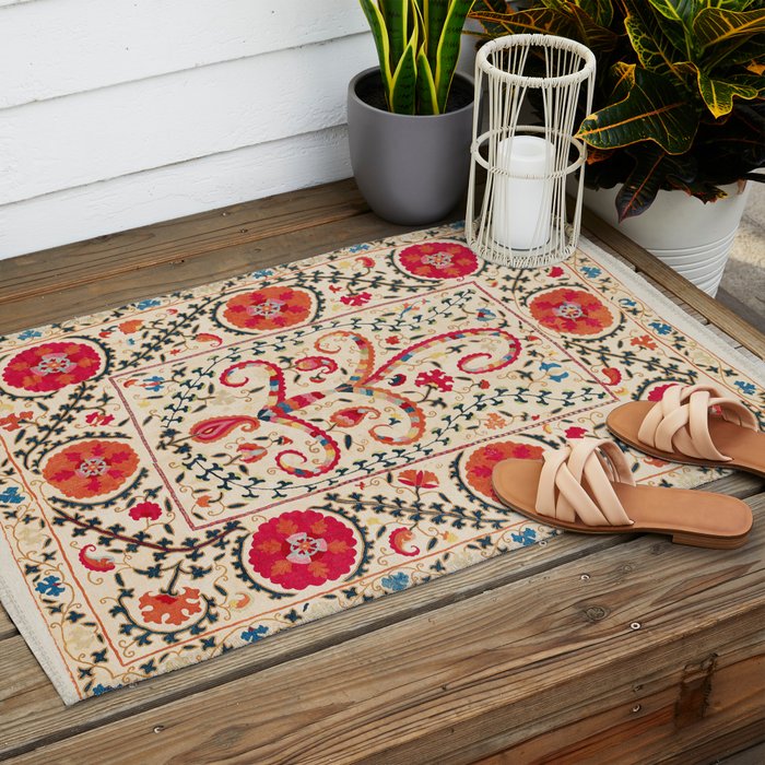 Kermina Suzani Uzbekistan Embroidery Print Outdoor Rug Gallery Image 2