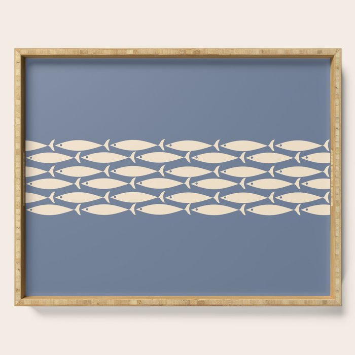 Fish Stripe - Mid Century Modern Minimalism in Stone Blue and Cream Serving Tray Gallery Image 1