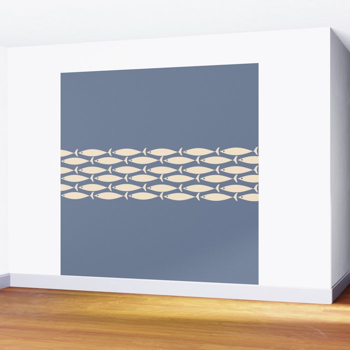 Fish Stripe - Mid Century Modern Minimalism in Stone Blue and Cream Wall Mural Gallery Image 2