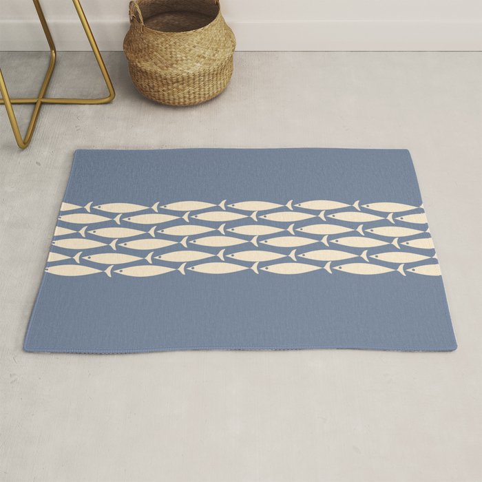 Fish Stripe - Mid Century Modern Minimalism in Stone Blue and Cream Rug Gallery Image 1