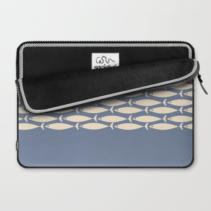 Fish Stripe - Mid Century Modern Minimalism in Stone Blue and Cream Laptop Sleeve Gallery Image 2