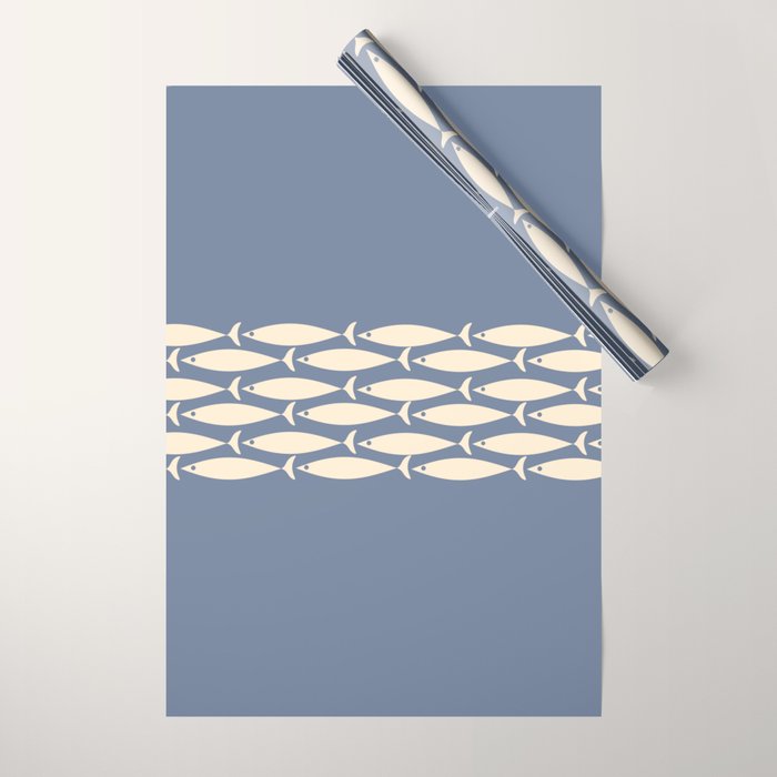 Fish Stripe - Mid Century Modern Minimalism in Stone Blue and Cream Wrapping Paper Gallery Image 1