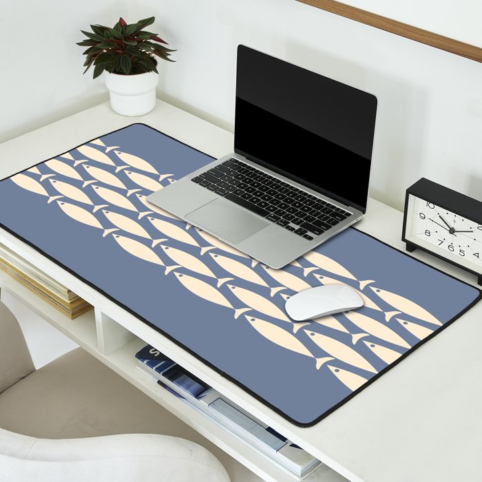 Fish Stripe - Mid Century Modern Minimalism in Stone Blue and Cream Desk Mat Gallery Image 2