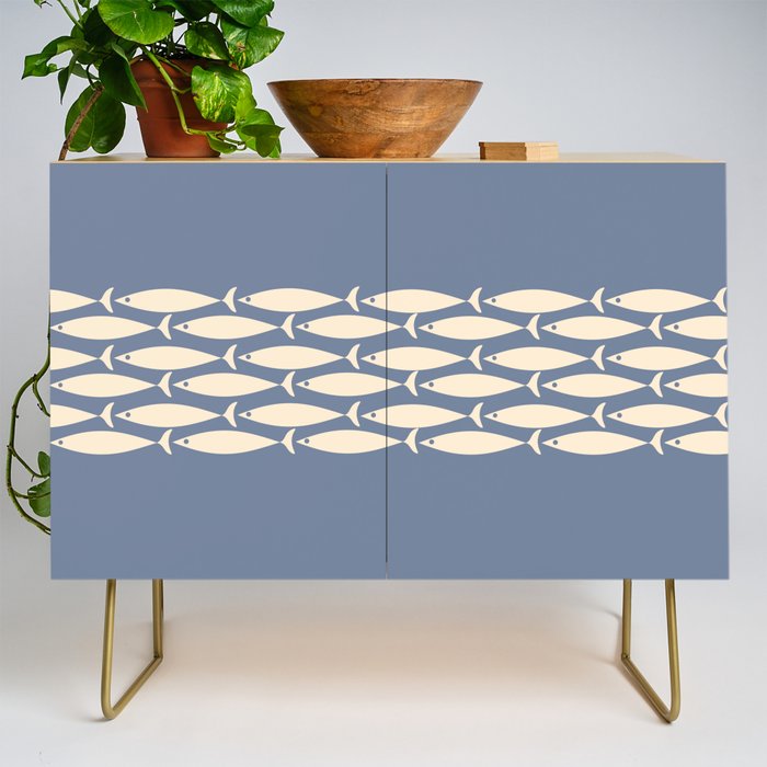 Fish Stripe - Mid Century Modern Minimalism in Stone Blue and Cream Credenza Gallery Image 1