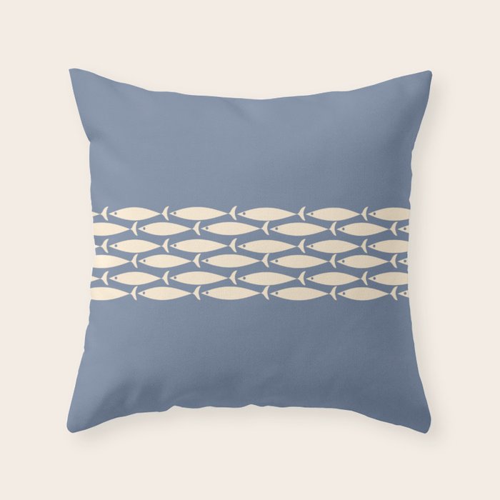 Fish Stripe - Mid Century Modern Minimalism in Stone Blue and Cream Throw Pillow Gallery Image 6