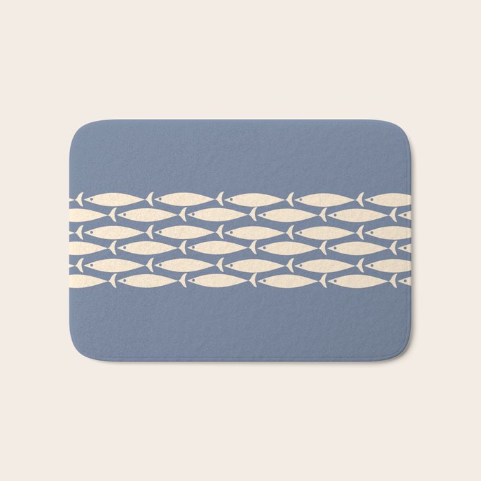 Fish Stripe - Mid Century Modern Minimalism in Stone Blue and Cream Bath Mat Gallery Image 1