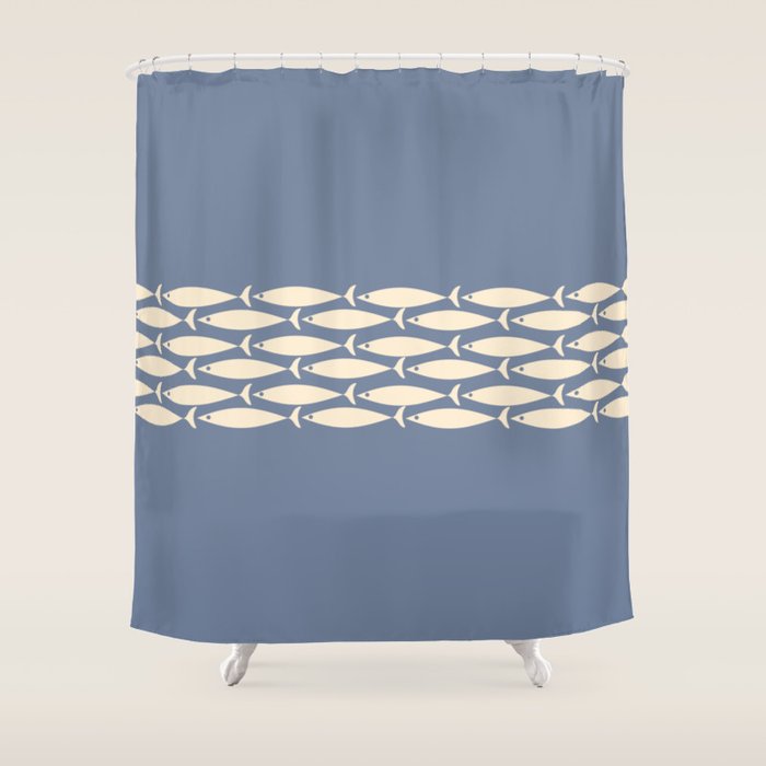 Fish Stripe - Mid Century Modern Minimalism in Stone Blue and Cream Shower Curtain Gallery Image 1