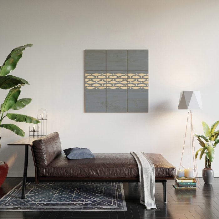 Fish Stripe - Mid Century Modern Minimalism in Stone Blue and Cream Wood Wall Art Gallery Image 2