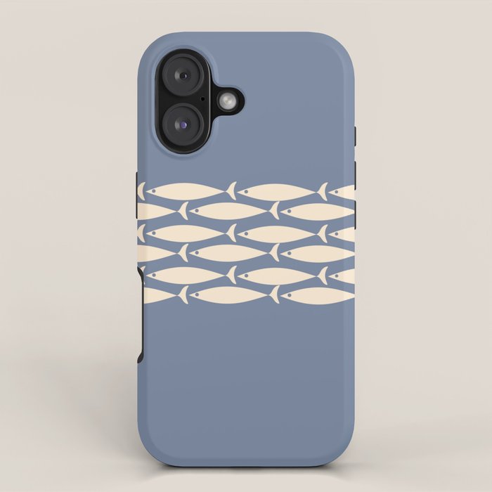 Fish Stripe - Mid Century Modern Minimalism in Stone Blue and Cream iPhone Case Gallery Image 1