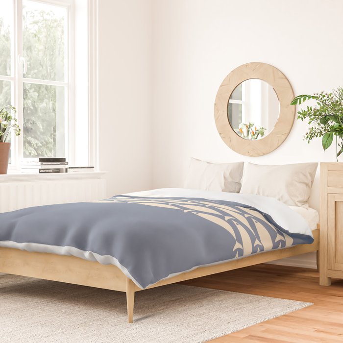 Fish Stripe - Mid Century Modern Minimalism in Stone Blue and Cream Duvet Cover Gallery Image 2