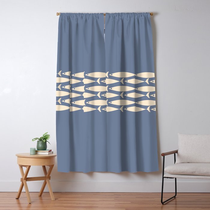 Fish Stripe - Mid Century Modern Minimalism in Stone Blue and Cream Window Curtain Gallery Image 5