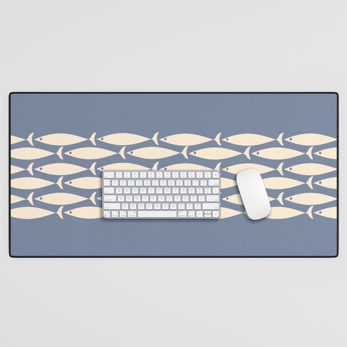 Fish Stripe - Mid Century Modern Minimalism in Stone Blue and Cream Desk Mat Gallery Image 1
