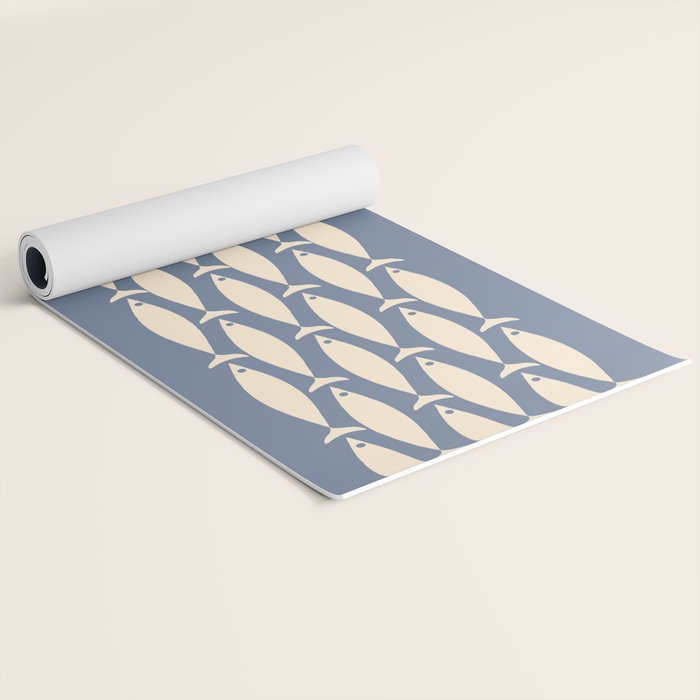 Fish Stripe - Mid Century Modern Minimalism in Stone Blue and Cream Yoga Mat Gallery Image 2