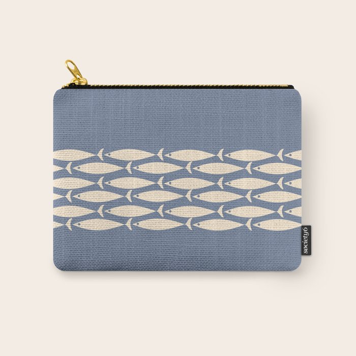 Fish Stripe - Mid Century Modern Minimalism in Stone Blue and Cream Carry All Pouch Gallery Image 1