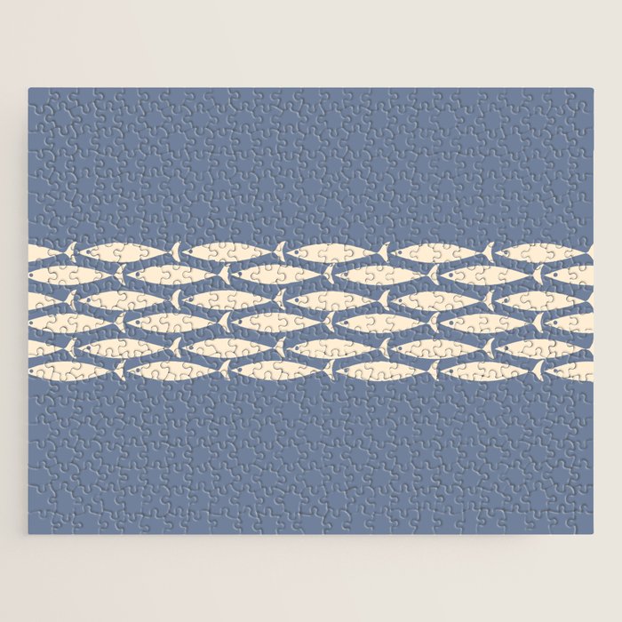 Fish Stripe - Mid Century Modern Minimalism in Stone Blue and Cream Jigsaw Puzzle Gallery Image 1