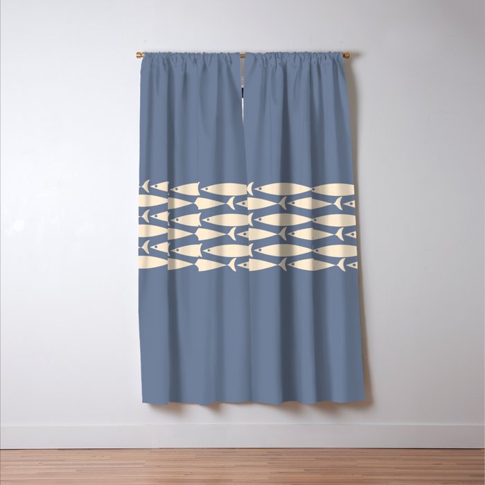 Fish Stripe - Mid Century Modern Minimalism in Stone Blue and Cream Window Curtain Gallery Image 3