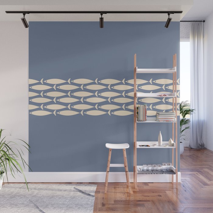 Fish Stripe - Mid Century Modern Minimalism in Stone Blue and Cream Wall Mural Gallery Image 1