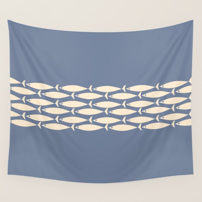 Fish Stripe - Mid Century Modern Minimalism in Stone Blue and Cream Wall Tapestry Gallery Image 1