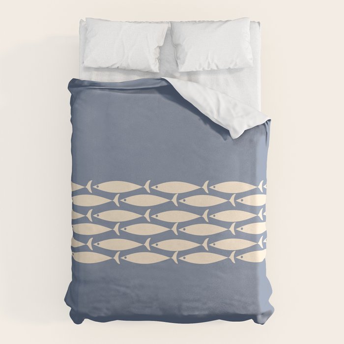 Fish Stripe - Mid Century Modern Minimalism in Stone Blue and Cream Duvet Cover Gallery Image 1