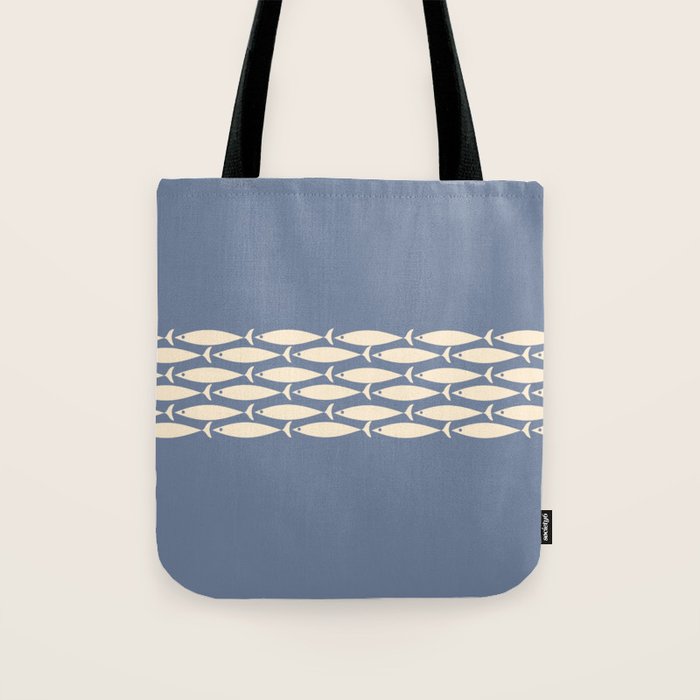 Fish Stripe - Mid Century Modern Minimalism in Stone Blue and Cream Tote Bag Gallery Image 1