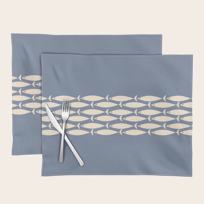 Fish Stripe - Mid Century Modern Minimalism in Stone Blue and Cream Placemat Gallery Image 1