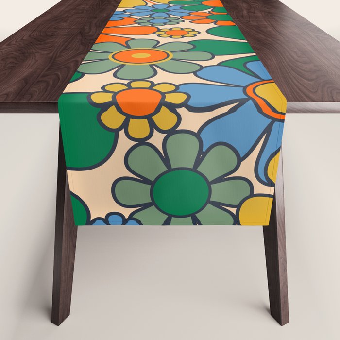 Retro Garden Flowers Groovy 60s 70s Floral Pattern Mustard Green Orange Blue Table Runner Gallery Image 1