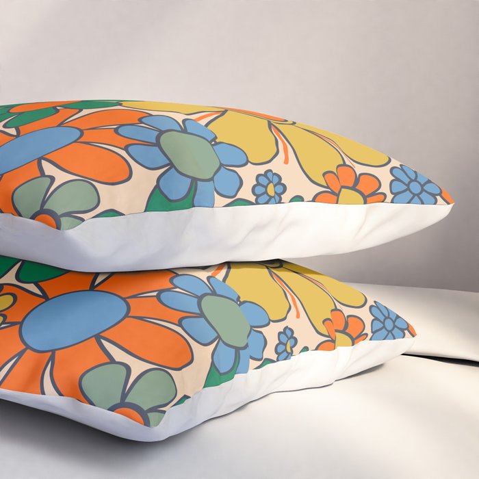 Retro Garden Flowers Groovy 60s 70s Floral Pattern Mustard Green Orange Blue Pillow Sham Gallery Image 3