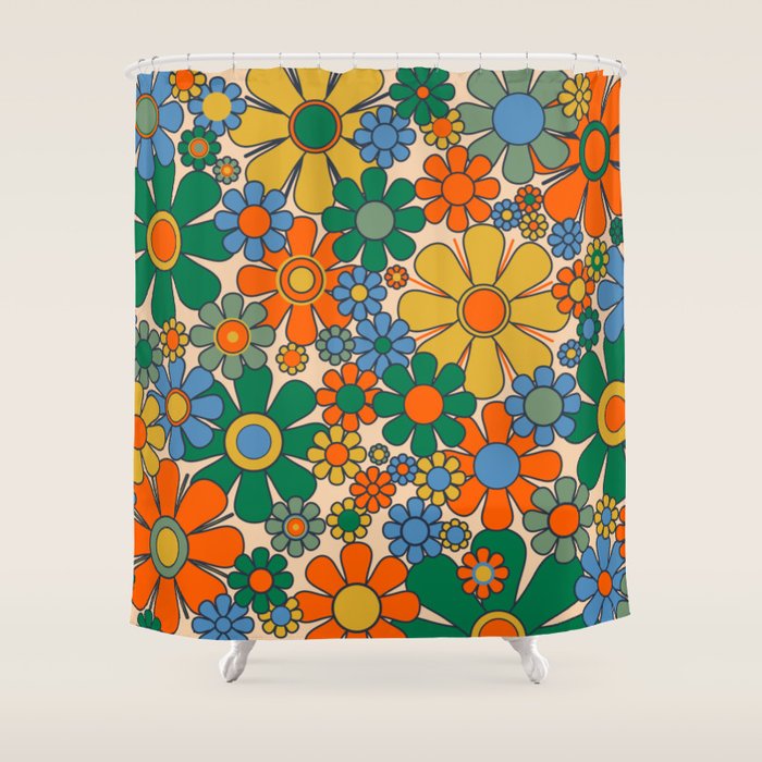 Retro Garden Flowers Groovy 60s 70s Floral Pattern Mustard Green Orange Blue Shower Curtain Gallery Image 1