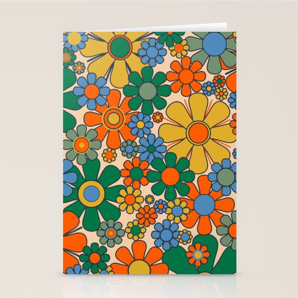 Retro Garden Flowers Groovy 60s 70s Floral Pattern Mustard Green Orange Blue Stationery Card Gallery Image 2
