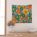 Retro Garden Flowers Groovy 60s 70s Floral Pattern Mustard Green Orange Blue Wall Tapestry Gallery Image 2