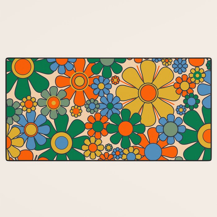 Retro Garden Flowers Groovy 60s 70s Floral Pattern Mustard Green Orange Blue Desk Mat Gallery Image 3