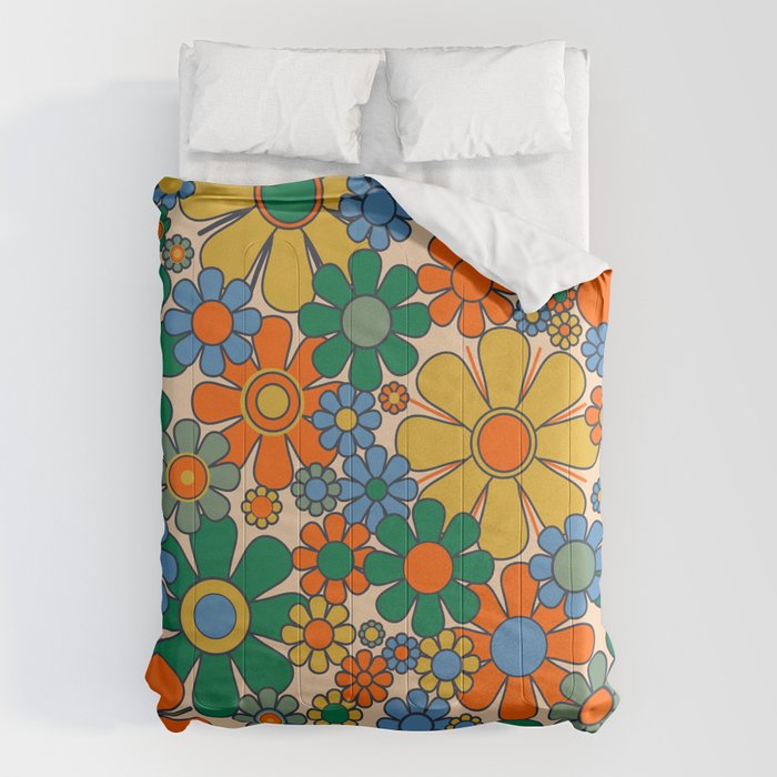 Retro Garden Flowers Groovy 60s 70s Floral Pattern Mustard Green Orange Blue Comforter Gallery Image 6