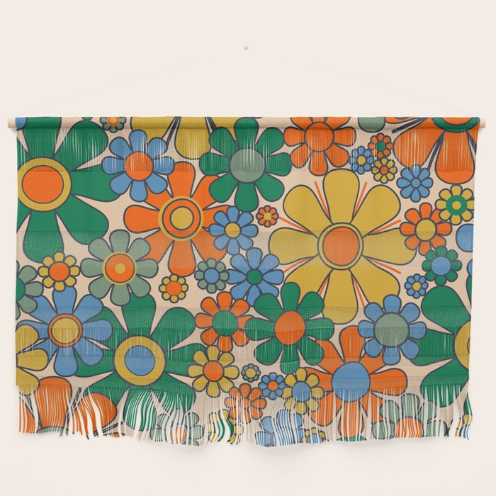 Retro Garden Flowers Groovy 60s 70s Floral Pattern Mustard Green Orange Blue Wall Hanging Gallery Image 1