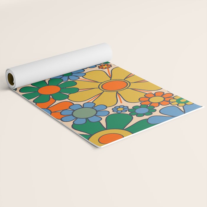 Retro Garden Flowers Groovy 60s 70s Floral Pattern Mustard Green Orange Blue Yoga Mat Gallery Image 2