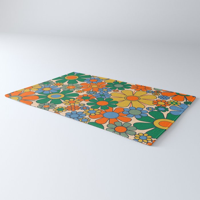 Retro Garden Flowers Groovy 60s 70s Floral Pattern Mustard Green Orange Blue Rug Gallery Image 3
