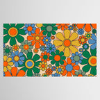 Retro Garden Flowers Groovy 60s 70s Floral Pattern Mustard Green Orange Blue Tablecloth Gallery Image 2
