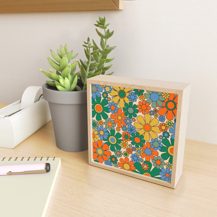 Retro Garden Flowers Groovy 60s 70s Floral Pattern Mustard Green Orange Blue Mini Art Print Gallery Image 2