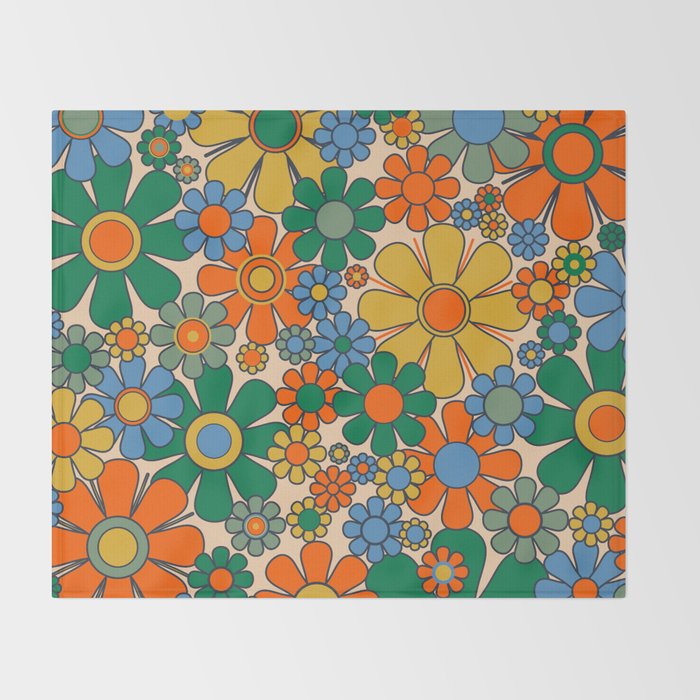 Retro Garden Flowers Groovy 60s 70s Floral Pattern Mustard Green Orange Blue Throw Blanket Gallery Image 2