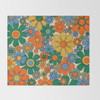 Retro Garden Flowers Groovy 60s 70s Floral Pattern Mustard Green Orange Blue Throw Blanket Gallery Image 2