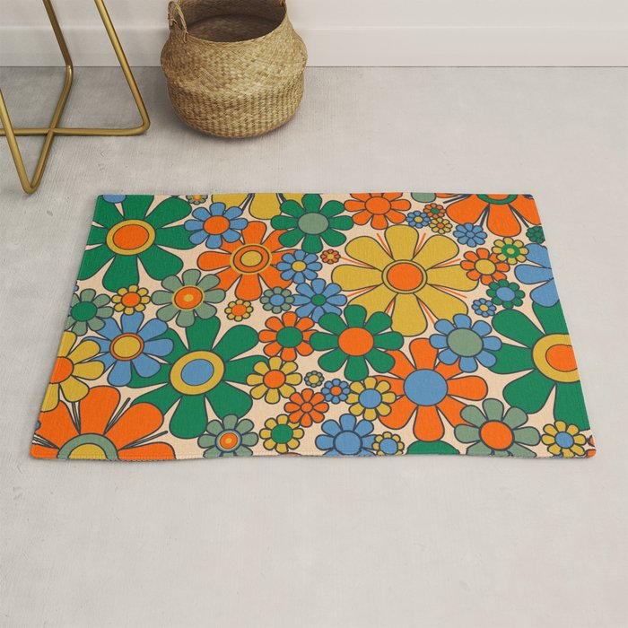 Retro Garden Flowers Groovy 60s 70s Floral Pattern Mustard Green Orange Blue Rug Gallery Image 1