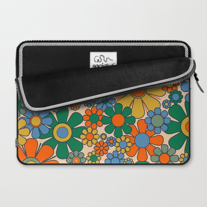 Retro Garden Flowers Groovy 60s 70s Floral Pattern Mustard Green Orange Blue Laptop Sleeve Gallery Image 2